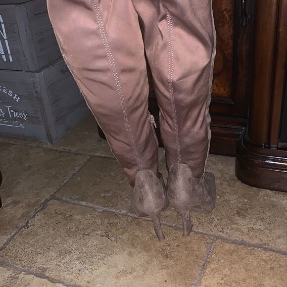 Taupe Suede Over Knee Boots - Picture 5 of 6